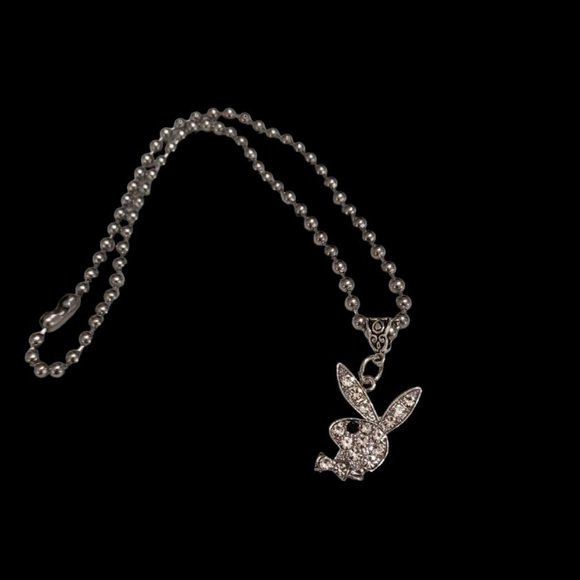 Bunny Choker 🐰 Crystal Rhinestone Pendant –17" Silver Ball Bead Choker Chain - Picture 3 of 8